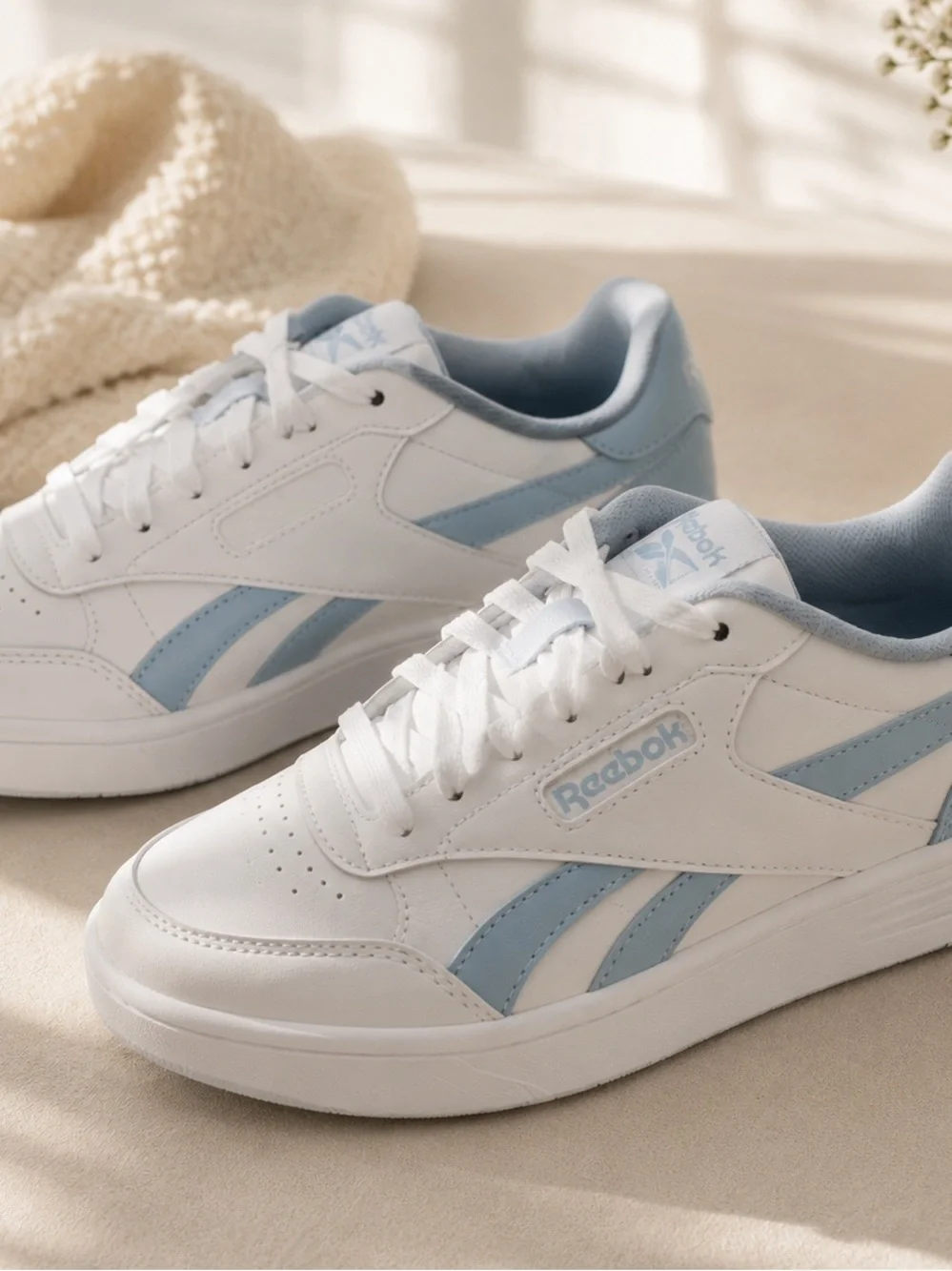 Reebok White Court Sneakers with Light Blue Accents